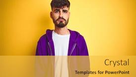  Presentation with tattoo - Audience pleasing slide deck consisting of young man with tattoo wearing sport purple sweatshirt over isolated yellow background depressed and worry for distress crying angry and afraid sad expression backdrop and a yellow colored foreground