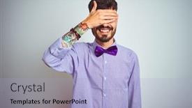  Presentation with tattoo - Colorful slide deck enhanced with young man with tattoo wearing purple shirt and bow tie over isolated white background smiling and laughing with hand on face covering eyes for surprise blind concept backdrop and a light blue colored foreground