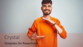  Presentation with special education young adult man - Cool new PPT theme with young man with tattoo wearing orange sweater standing over isolated white background gesturing with hands showing big and large size sign measure symbol smiling looking at the camera backdrop and a red colored foreground