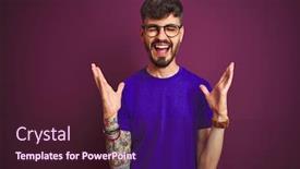 Presentation with tattoo - PPT theme with young man with tattoo wearing t-shirt and glasses standing over isolated purple background celebrating mad and crazy for success with arms raised and closed eyes screaming excited winner concept background and a wine colored foreground