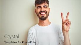  Presentation with tattoo - Presentation design featuring young man with tattoo wearing t-shirt standing over isolated white background smiling with happy face winking at the camera doing victory sign number two background and a light gray colored foreground