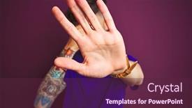  Presentation with tattoo - Amazing presentation theme having young man with tattoo wearing t-shirt standing over isolated purple background covering eyes with hands and doing stop gesture with sad and fear expression embarrassed and negative concept backdrop and a tawny brown colored foreground