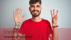  Presentation with tattoo - Presentation design enhanced with young man with tattoo wearing red t-shirt standing over isolated white background showing and pointing up with fingers number eight while smiling confident and happy background and a crimson colored foreground
