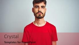  Presentation with tattoo - Presentation consisting of young man with tattoo wearing red t-shirt standing over isolated white background relaxed with serious expression on face simple and natural looking at the camera background and a crimson colored foreground