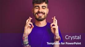  Presentation with tattoo - Beautiful presentation theme featuring young man with tattoo wearing t-shirt standing over isolated purple background gesturing finger crossed smiling with hope and eyes closed luck and superstitious concept backdrop and a violet colored foreground
