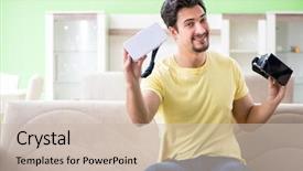  Presentation with virtual reality - PPT theme consisting of young man with virtual reality background and a  colored foreground