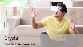  Presentation with virtual reality rehab - Audience pleasing PPT layouts consisting of young man with virtual reality backdrop and a  colored foreground