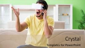  Presentation with virtual reality - Colorful PPT theme enhanced with young man with virtual reality backdrop and a coral colored foreground