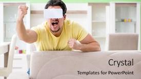  Presentation with virtual reality shooter - Beautiful presentation theme featuring young man with virtual reality backdrop and a soft green colored foreground