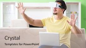  Presentation with virtual reality rehab - Presentation theme consisting of young man with virtual reality background and a  colored foreground