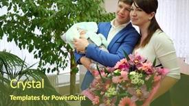  Presentation with maternity - Audience pleasing theme consisting of young man woman with flowers and little baby in blanket stands in maternity hospital backdrop and a tawny brown colored foreground