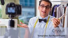  Presentation with blogger - Slides with young-man-working-as-fashion background and a light blue colored foreground