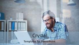  Presentation with alone - Beautiful PPT theme featuring young man working in office backdrop and a light blue colored foreground