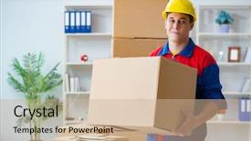  Presentation with working - Audience pleasing presentation design consisting of young man working in relocation backdrop and a coral colored foreground