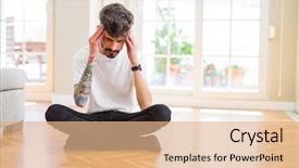  Presentation with 3d man sitting question mark - Colorful presentation design enhanced with young man working sitting casual backdrop and a  colored foreground