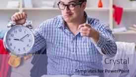  Presentation with messy - PPT theme having young man working studying in messy room background and a light blue colored foreground