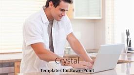  Presentation with social isolation - Amazing slide deck having young man working on his notebook in the kitchen working from home in quarantine lockdown social distancing self isolation backdrop and a coral colored foreground