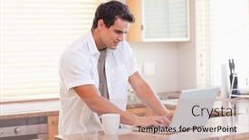  Presentation with social isolation - PPT layouts with young man working on his laptop in the kitchen working from home in quarantine lockdown social distancing self isolation background and a coral colored foreground