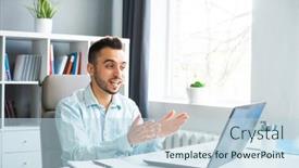  Presentation with work - Slide set consisting of young-man-works-while-sitting background and a light blue colored foreground