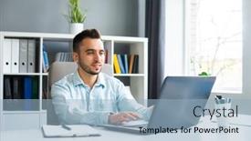  Presentation with work - Presentation featuring young-man-works-while-sitting background and a light blue colored foreground