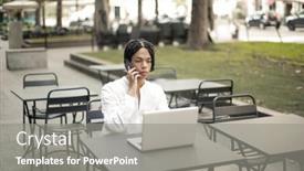  Presentation with smartphone - PPT theme having young-man-works-with-laptop background and a gray colored foreground