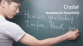  Presentation with english - Cool new PPT layouts with young man writing english sentences backdrop and a gray colored foreground