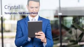  Presentation with using digital tablet - Theme with young-manager-using-a-digital background and a sky blue colored foreground