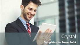  Presentation with tablets wood table tablet white - Slides with young-manager-using-a-digital background and a gray colored foreground