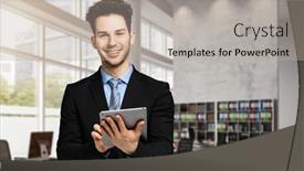  Presentation with using digital tablet - Colorful theme enhanced with young-manager-using-a-digital backdrop and a light gray colored foreground