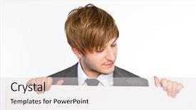  Presentation with shield - Amazing PPT theme having young manager with shield backdrop and a light gray colored foreground