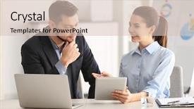  Presentation with managers - Presentation theme featuring young managers discussing issues background and a soft green colored foreground