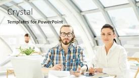  Presentation with managers - Colorful slide set enhanced with young managers sitting by table looking at camera and carrying out organization work in office backdrop and a sky blue colored foreground