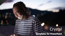  Presentation with street lights - Cool new PPT theme with young manl on urban city street at night texting on smartphone with bokeh and neon city lights in background backdrop and a tawny brown colored foreground