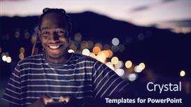  Presentation with street lights - Beautiful slide set featuring young manl on urban city street at night texting on smartphone with bokeh and neon city lights in background backdrop and a navy blue colored foreground