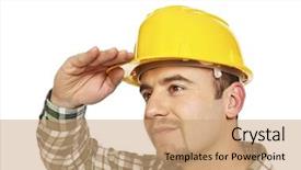  Presentation with look forward - Slides having young manual worker look forward isolated on white background background and a coral colored foreground