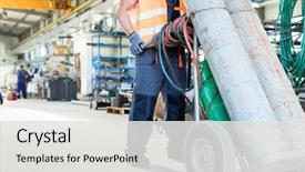  Presentation with worker - Beautiful presentation theme featuring young manual worker moving gas backdrop and a light gray colored foreground