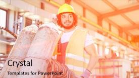  Presentation with lpg gas cylinder - PPT theme enhanced with young manual worker moving gas background and a  colored foreground