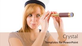  Presentation with marine - Amazing theme having young marine woman search with spyglass on white backdrop and a coral colored foreground