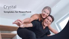  Presentation with married couple - Colorful PPT theme enhanced with young married couple having fun in their new kitchen backdrop and a sky blue colored foreground