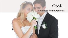  Presentation with married couple - Presentation featuring young married couple posing having a sniff of the bouquet on white background background and a light gray colored foreground