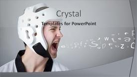  Presentation with martial arts - Slide set featuring young martial arts man shouting over gray background background and a light gray colored foreground