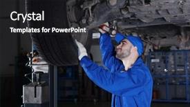  Presentation with car service - Audience pleasing presentation theme consisting of young mechanic fixing wheel backdrop and a dark gray colored foreground
