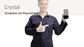  Presentation with mechanic - Cool new slides with young-mechanic-holding-a-mobile backdrop and a white colored foreground