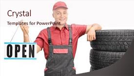  Presentation with tires - Amazing slides having young mechanic holding an open sign and leaning on a stack of car tires isolated on white background backdrop and a sky blue colored foreground