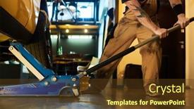  Presentation with scissor lift - Slide deck having young-mechanic-in-workwear-using background and a tawny brown colored foreground