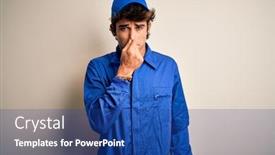  Presentation with bad breath - Presentation theme having young-mechanic-man-wearing-blue background and a ocean colored foreground