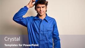  Presentation with mechanic - Audience pleasing slide deck consisting of young-mechanic-man-wearing-blue backdrop and a ocean colored foreground