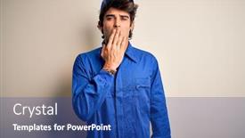  Presentation with sleepiness - Presentation with young-mechanic-man-wearing-blue background and a ocean colored foreground