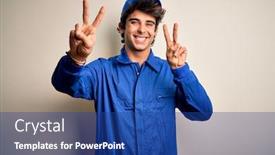  Presentation with mechanic - Audience pleasing PPT theme consisting of young-mechanic-man-wearing-blue backdrop and a ocean colored foreground