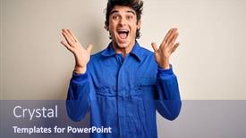  Presentation with blue eyes - PPT theme consisting of young-mechanic-man-wearing-blue background and a navy blue colored foreground